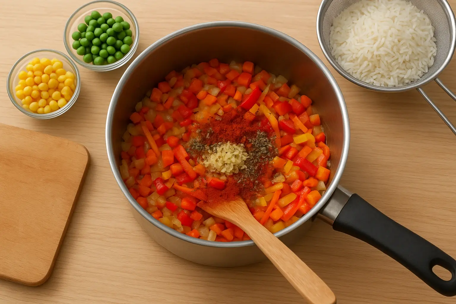 рис с овощами в кастрюле
